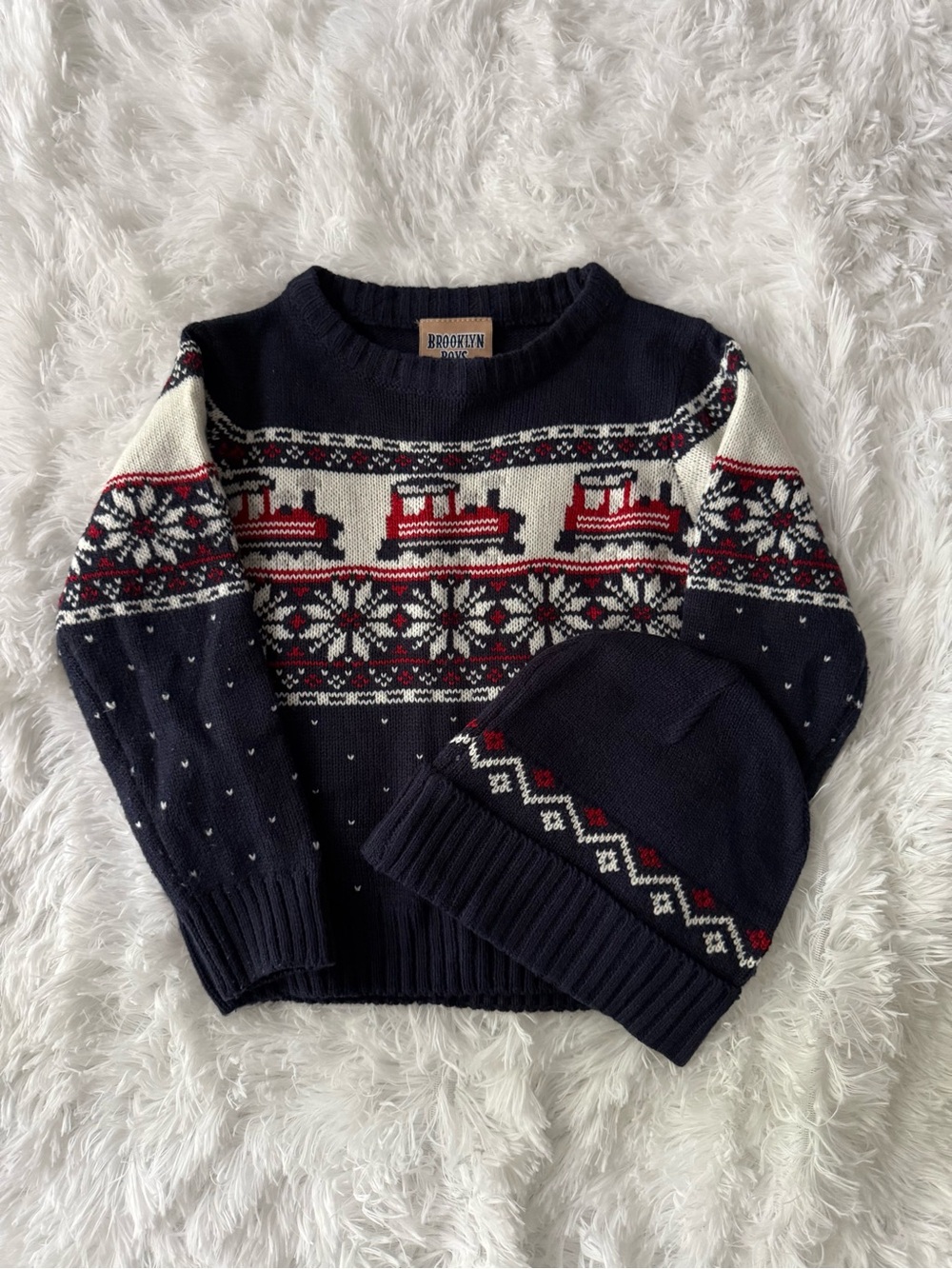 NWOT Navy Fair Isle Crewneck Sweater with Beanie Set - Train Accents